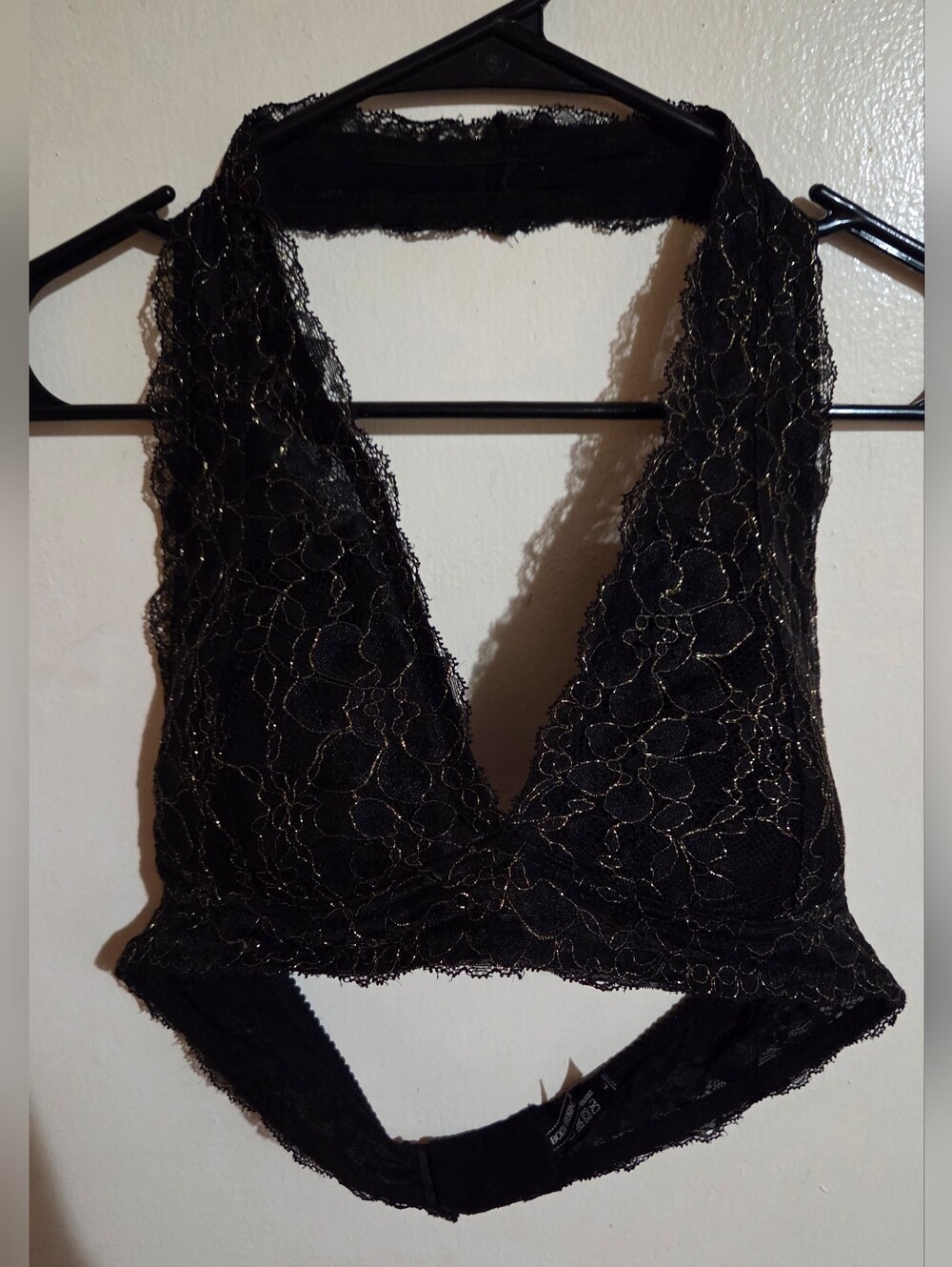 Black & Gold Floral Lace Bralette/Crop Halter Top Size L (runs smaller)